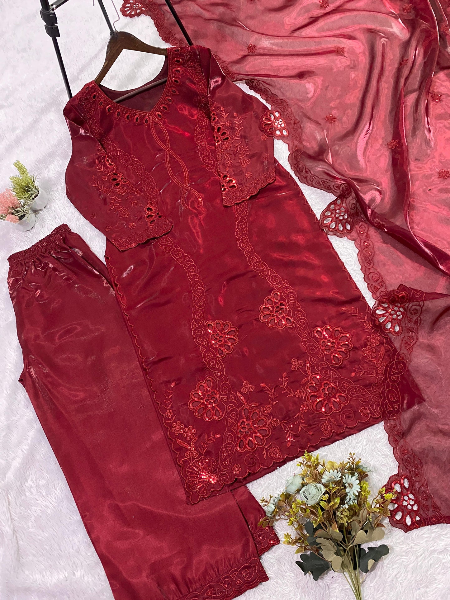 _✨ THIS WEDDING SEASON WEAR PAKISTANI SUIT WITH SEQUENCE EMBROIDERED AND CUT WORKED TOP, PLAZZO AND DUPATTA ✨♥️💙_
