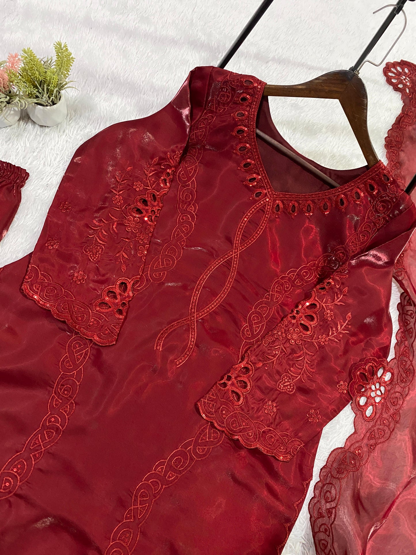 _✨ THIS WEDDING SEASON WEAR PAKISTANI SUIT WITH SEQUENCE EMBROIDERED AND CUT WORKED TOP, PLAZZO AND DUPATTA ✨♥️💙_