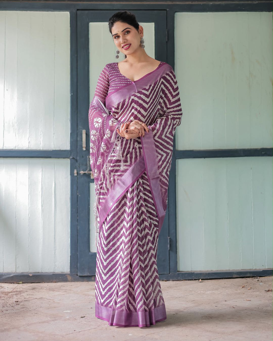 Women's Linen Cotton Saree in Purple with Silver Weaving and Zigzag Digital Print
