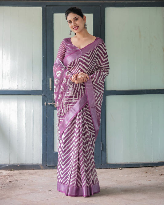 Women's Linen Cotton Saree in Purple with Silver Weaving and Zigzag Digital Print