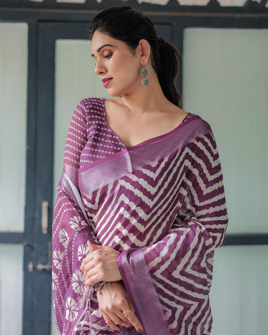 Women's Linen Cotton Saree in Purple with Silver Weaving and Zigzag Digital Print