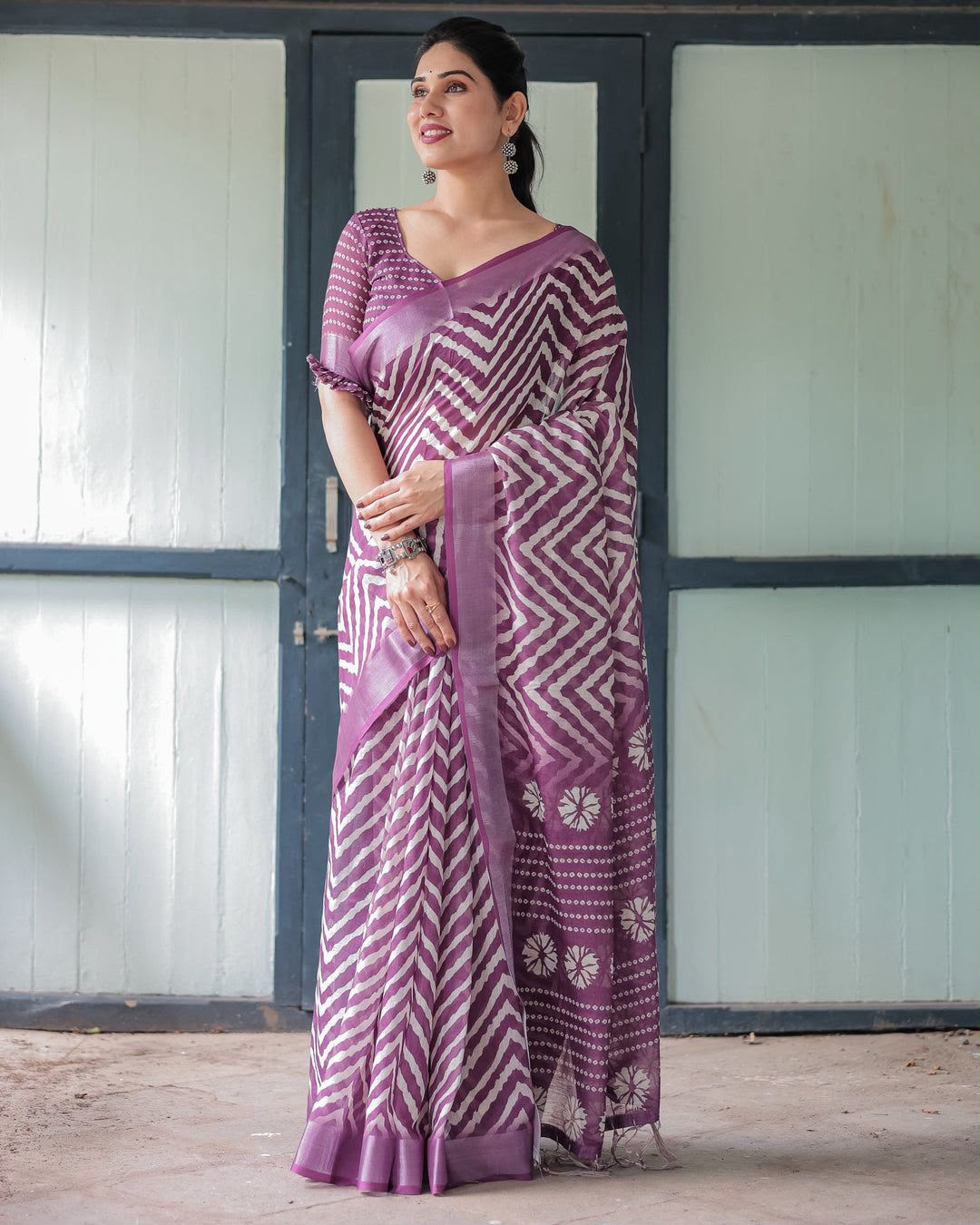 Women's Linen Cotton Saree in Purple with Silver Weaving and Zigzag Digital Print