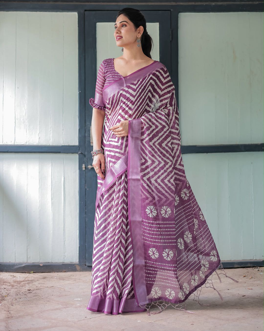 Women's Linen Cotton Saree in Purple with Silver Weaving and Zigzag Digital Print