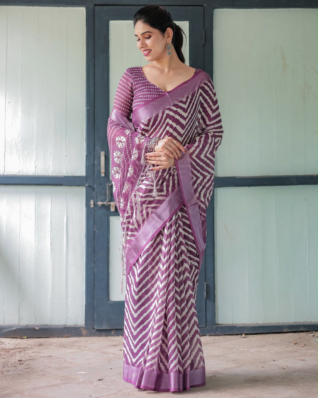 Women's Linen Cotton Saree in Purple with Silver Weaving and Zigzag Digital Print