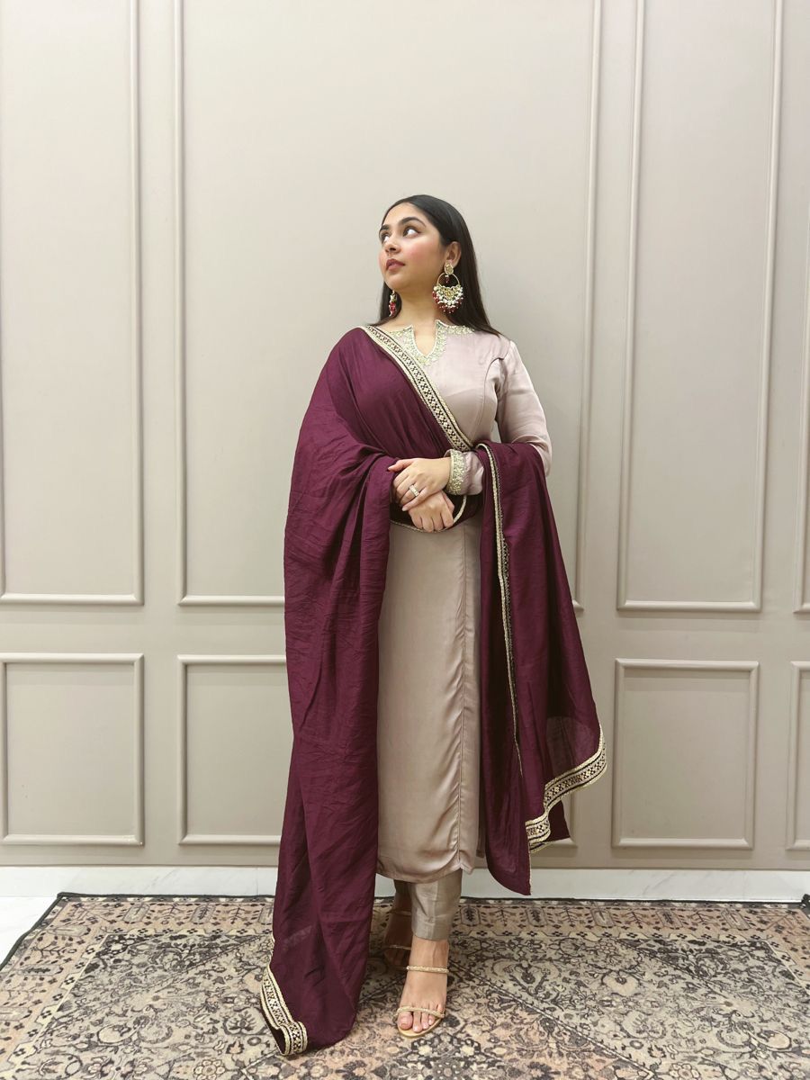 Elegant Beige Satin Silk Straight Kurti Pant Set paired with a Contrasting Deep Wine Dupatta featuring Zari Border Detailing