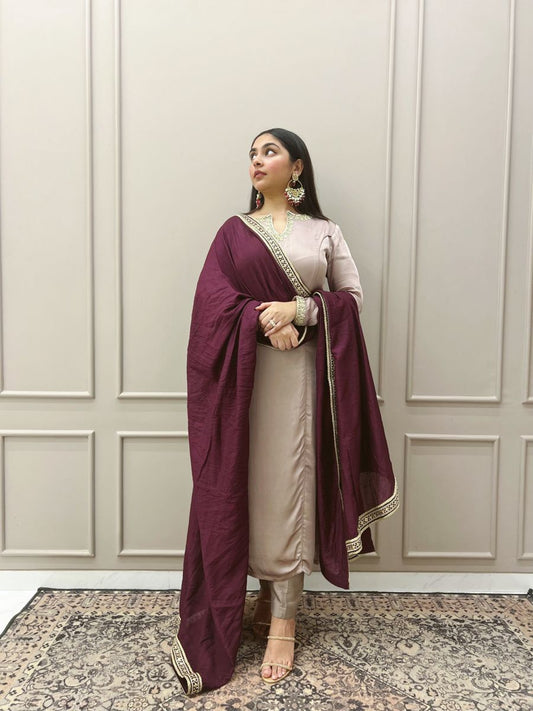 Elegant Beige Satin Silk Straight Kurti Pant Set paired with a Contrasting Deep Wine Dupatta featuring Zari Border Detailing
