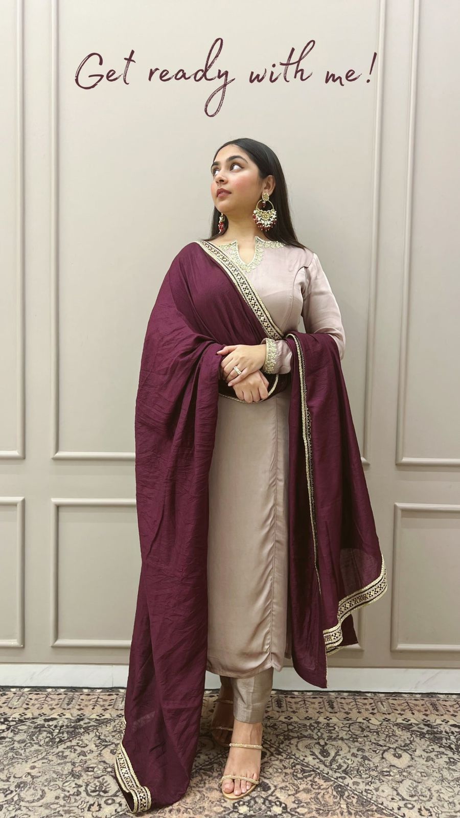 Elegant Beige Satin Silk Straight Kurti Pant Set paired with a Contrasting Deep Wine Dupatta featuring Zari Border Detailing