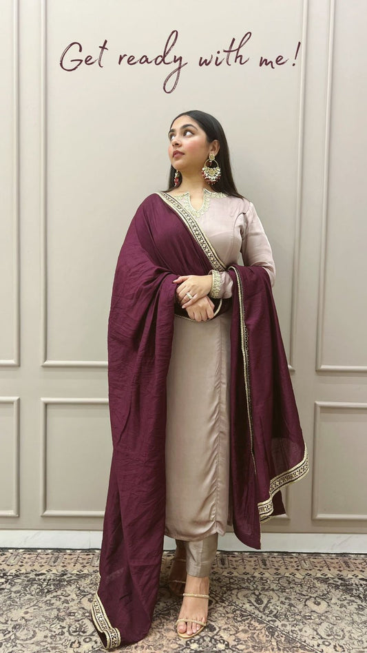 Elegant Beige Satin Silk Straight Kurti Pant Set paired with a Contrasting Deep Wine Dupatta featuring Zari Border Detailing