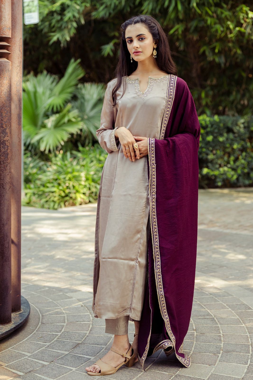 Elegant Beige Satin Silk Straight Kurti Pant Set paired with a Contrasting Deep Wine Dupatta featuring Zari Border Detailing