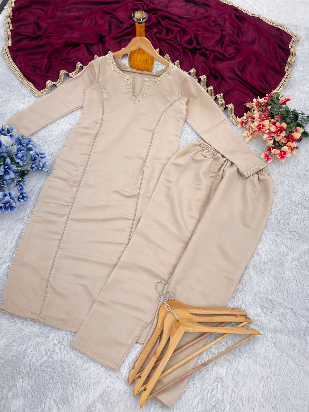 Elegant Beige Satin Silk Straight Kurti Pant Set paired with a Contrasting Deep Wine Dupatta featuring Zari Border Detailing