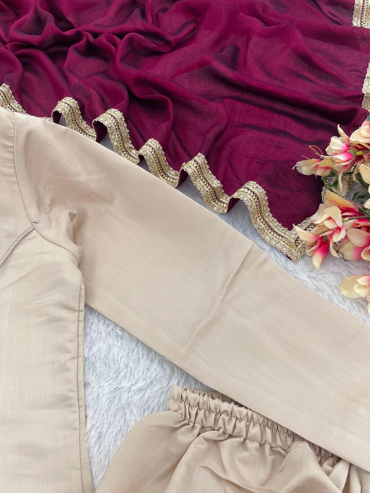 Elegant Beige Satin Silk Straight Kurti Pant Set paired with a Contrasting Deep Wine Dupatta featuring Zari Border Detailing