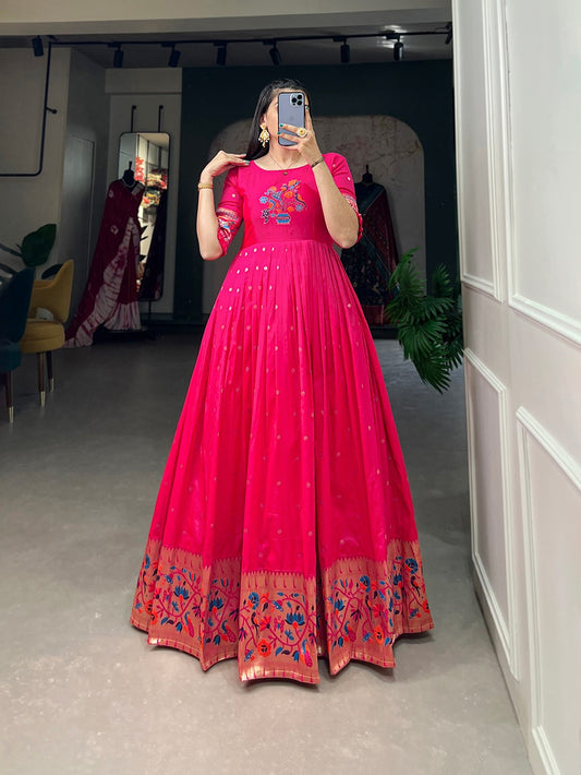 Woven with threads of tradition and dreams, the Jacquard silk Paithani dress embodies timeless elegance 🌸