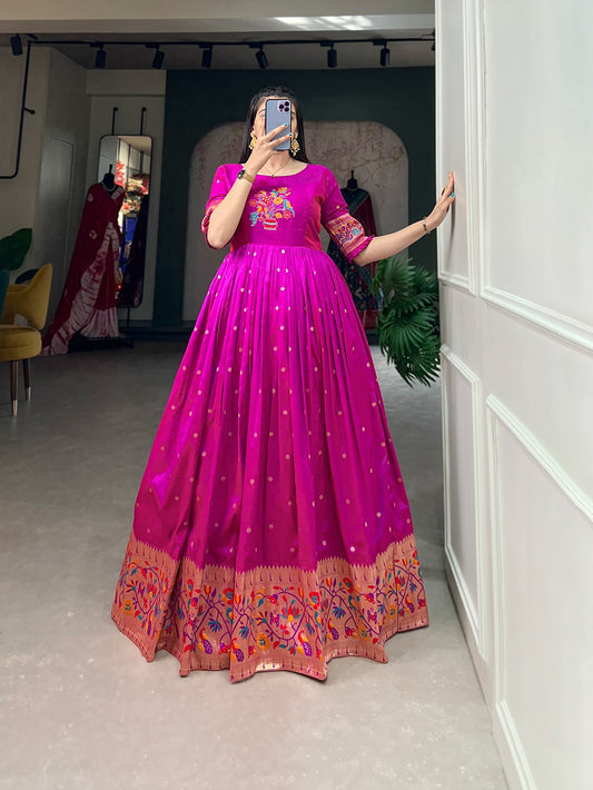 Woven with threads of tradition and dreams, the Jacquard silk Paithani dress embodies timeless elegance 🌸