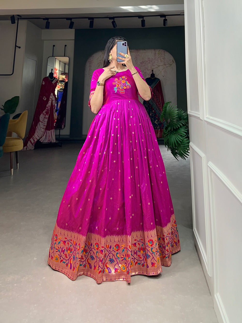 Woven with threads of tradition and dreams, the Jacquard silk Paithani dress embodies timeless elegance 🌸
