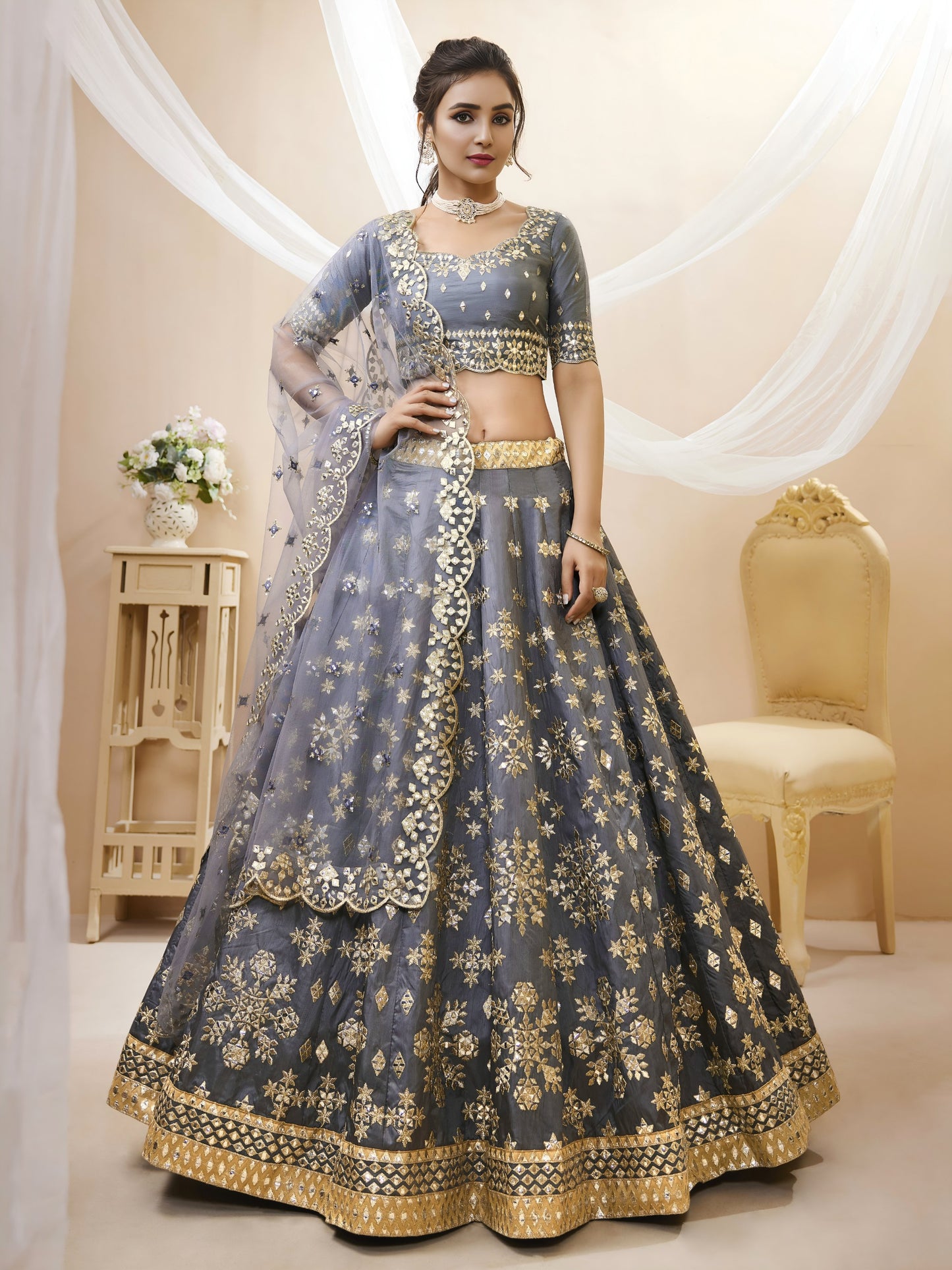 🩶Grey Foil Mirror Work Festive Lehenga Choli 🩶