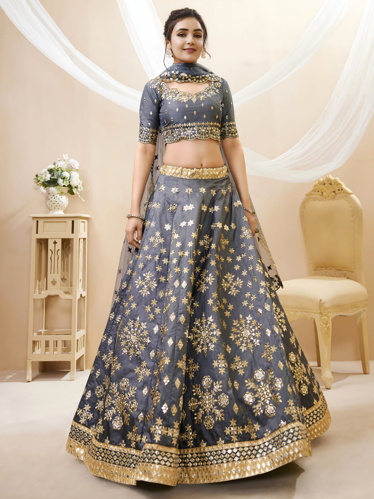 🩶Grey Foil Mirror Work Festive Lehenga Choli 🩶