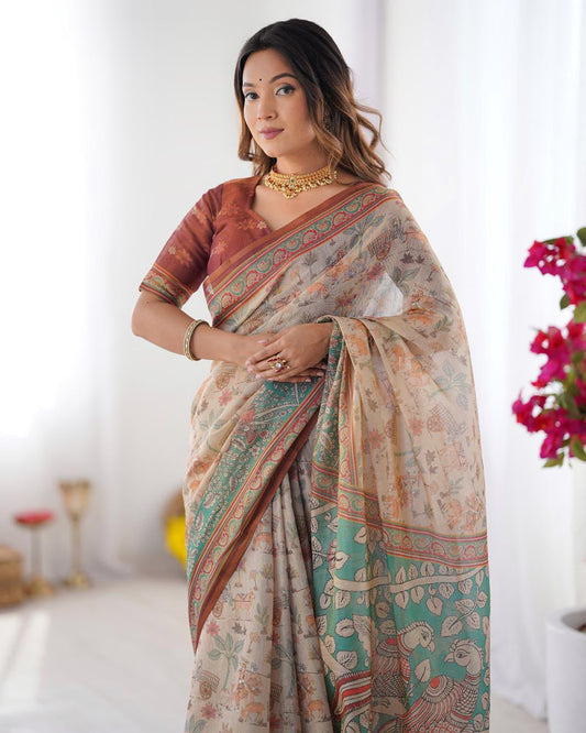 Women's Linen Cotton Saree in Beige with Forest and Peacock Digital Print