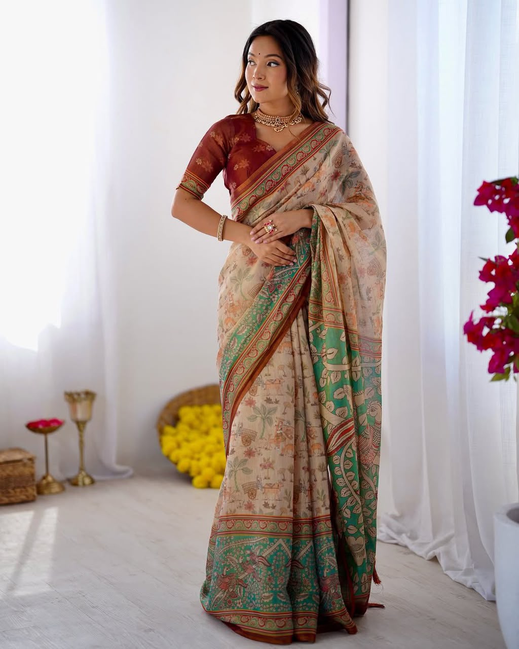 Women's Linen Cotton Saree in Beige with Forest and Peacock Digital Print