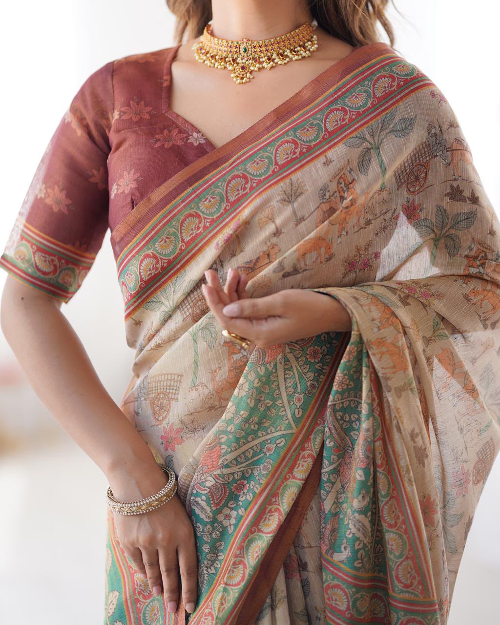 Women's Linen Cotton Saree in Beige with Forest and Peacock Digital Print