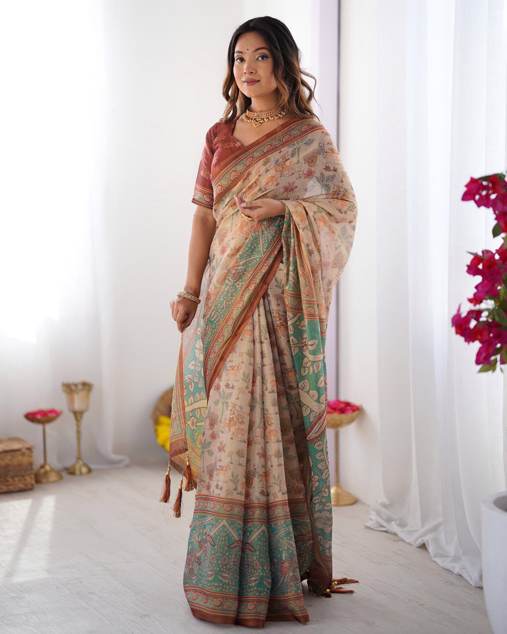 Women's Linen Cotton Saree in Beige with Forest and Peacock Digital Print
