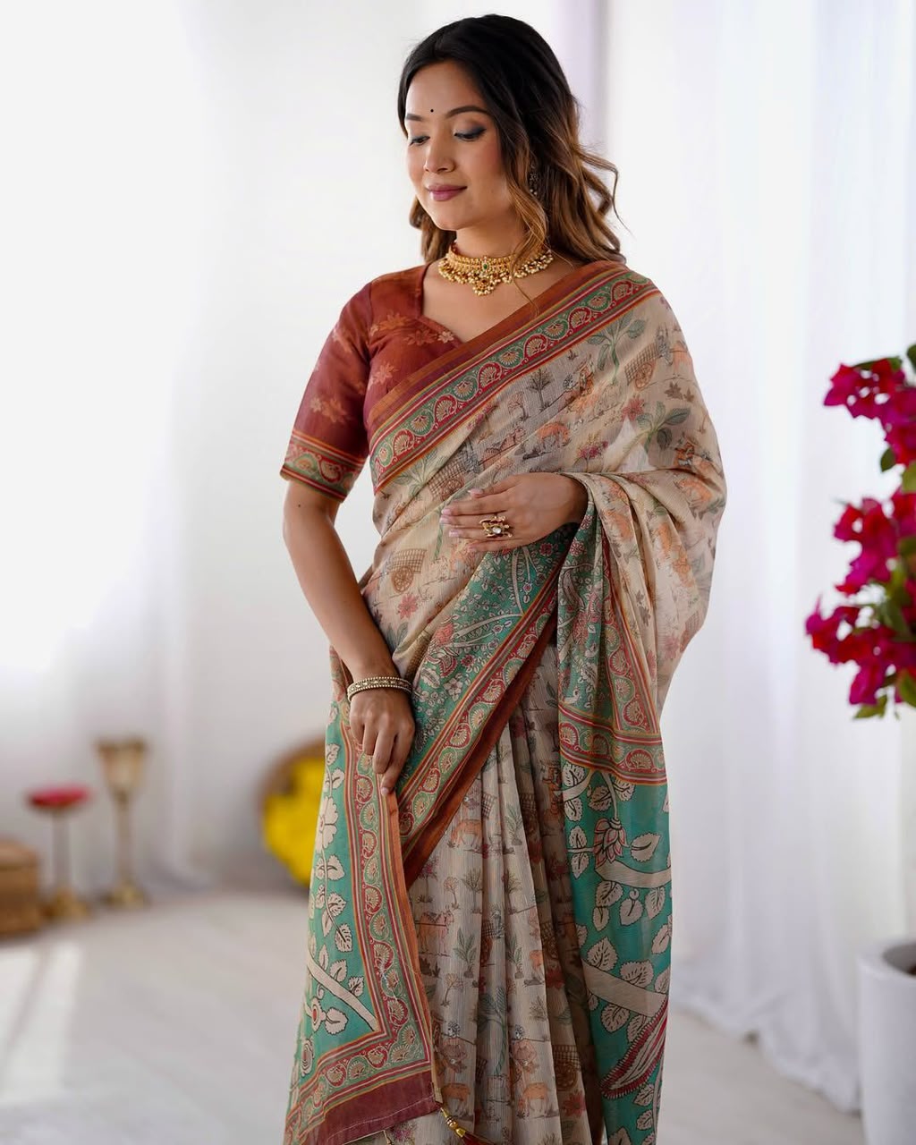 Women's Linen Cotton Saree in Beige with Forest and Peacock Digital Print