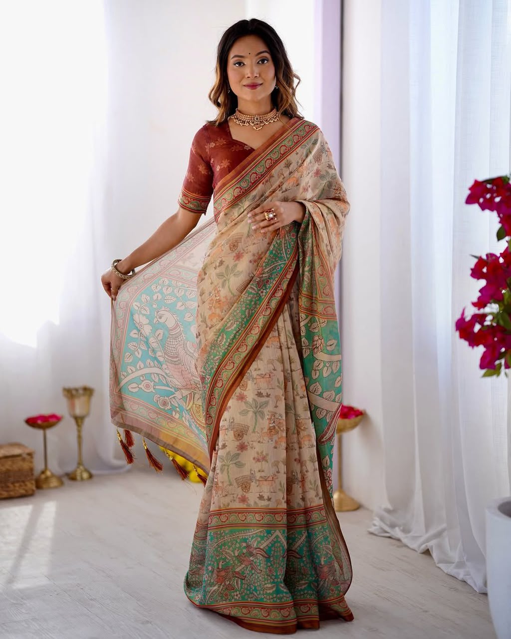 Women's Linen Cotton Saree in Beige with Forest and Peacock Digital Print