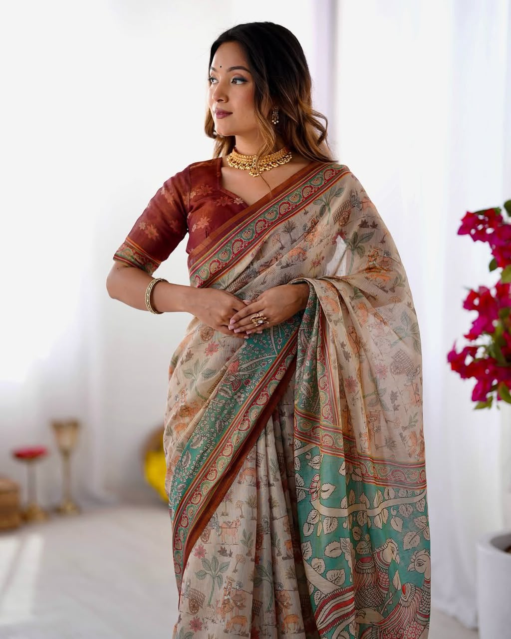 Women's Linen Cotton Saree in Beige with Forest and Peacock Digital Print