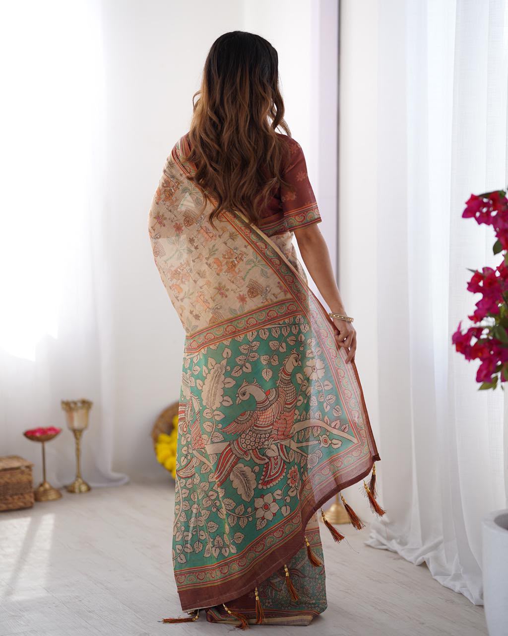 Women's Linen Cotton Saree in Beige with Forest and Peacock Digital Print