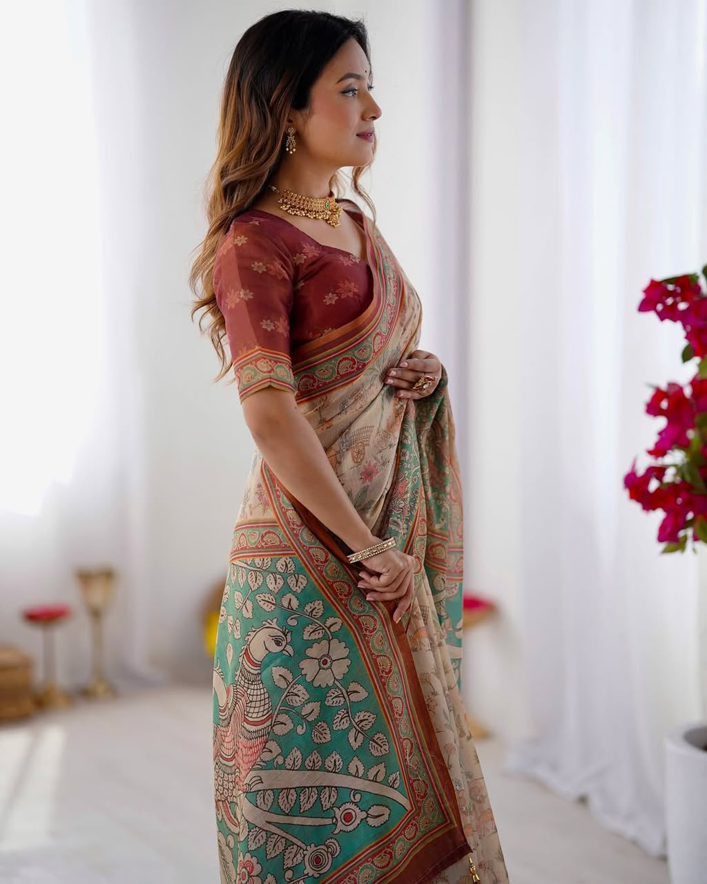 Women's Linen Cotton Saree in Beige with Forest and Peacock Digital Print