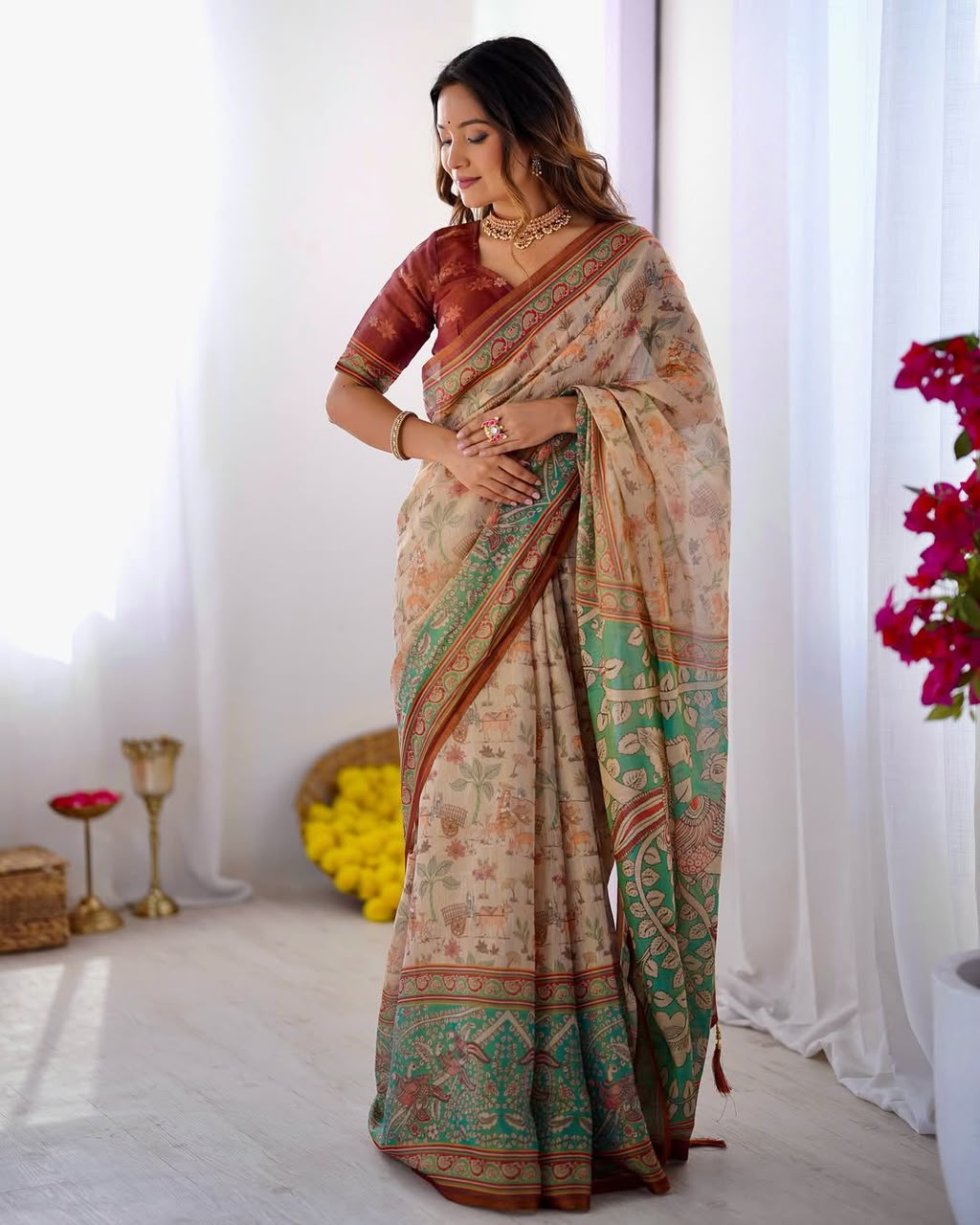 Women's Linen Cotton Saree in Beige with Forest and Peacock Digital Print