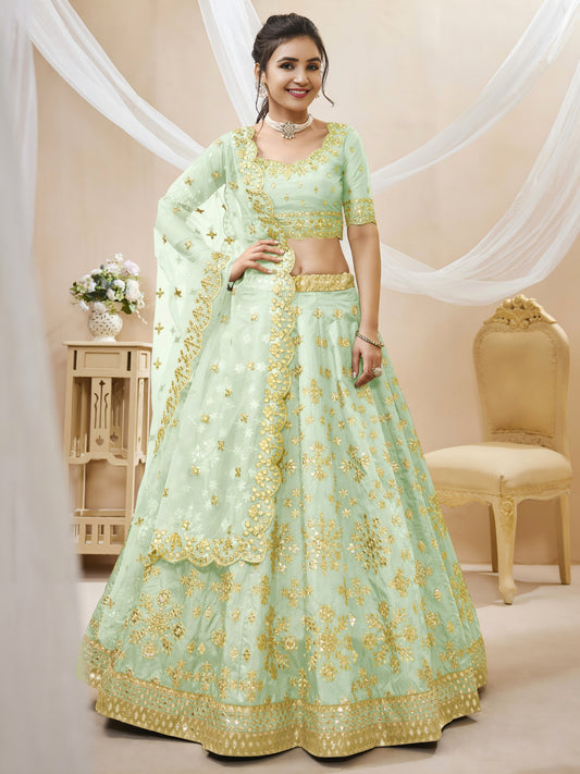 💚Pista Green Foil Mirror Work Festive Lehenga Choli 💚