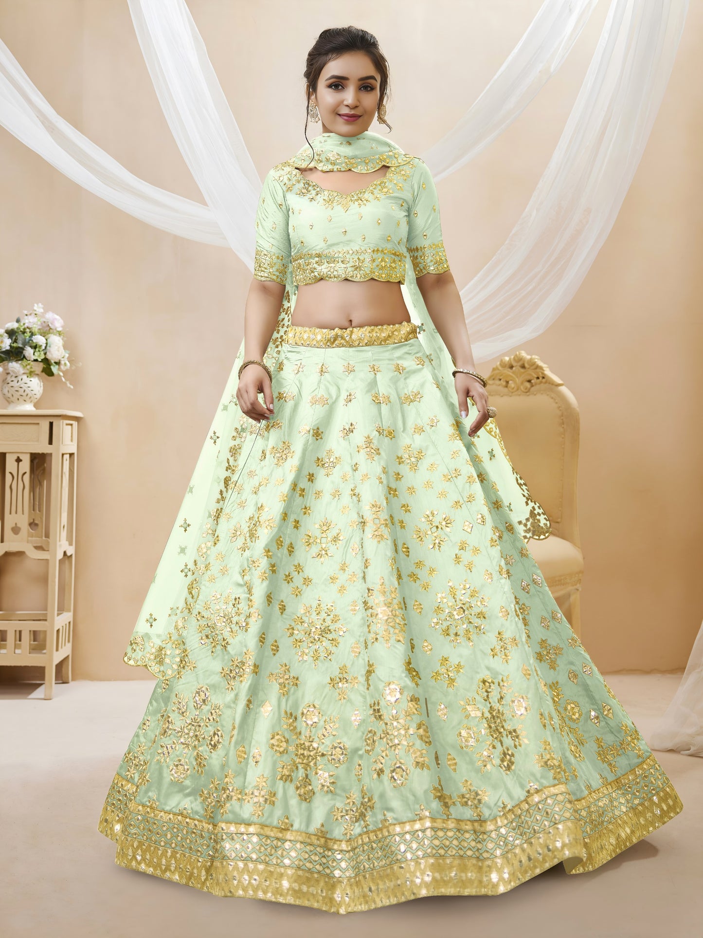 💚Pista Green Foil Mirror Work Festive Lehenga Choli 💚