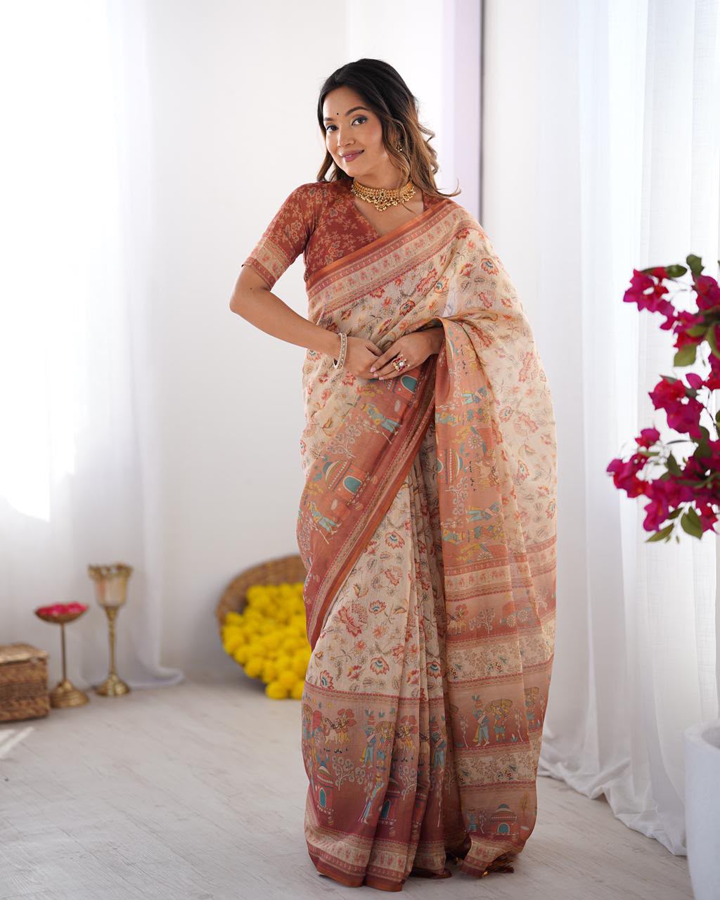 Women's Linen Cotton Saree in Beige with Floral and Village Digital Print