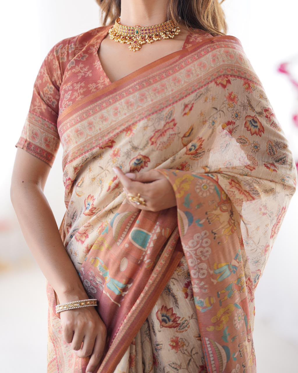 Women's Linen Cotton Saree in Beige with Floral and Village Digital Print