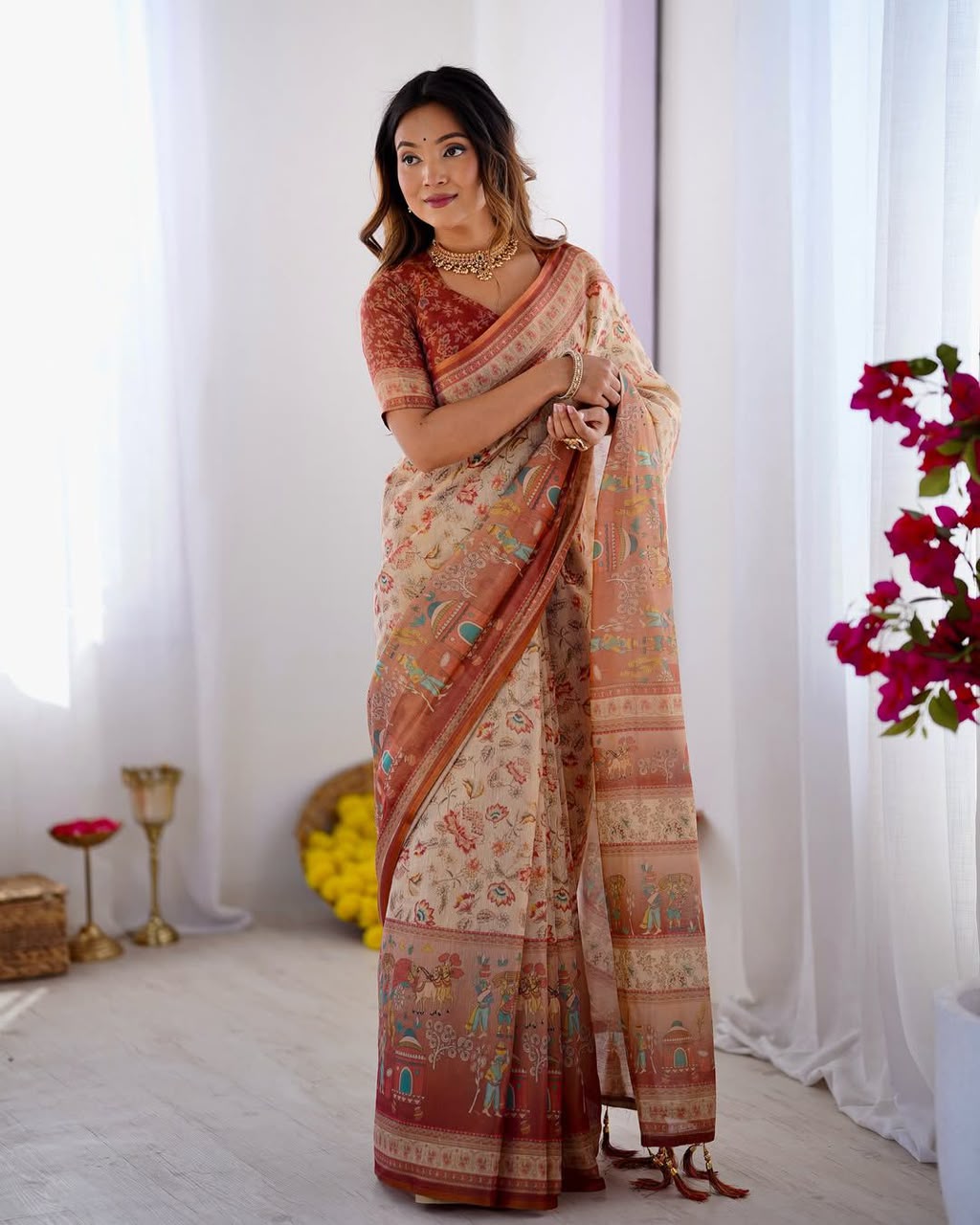Women's Linen Cotton Saree in Beige with Floral and Village Digital Print