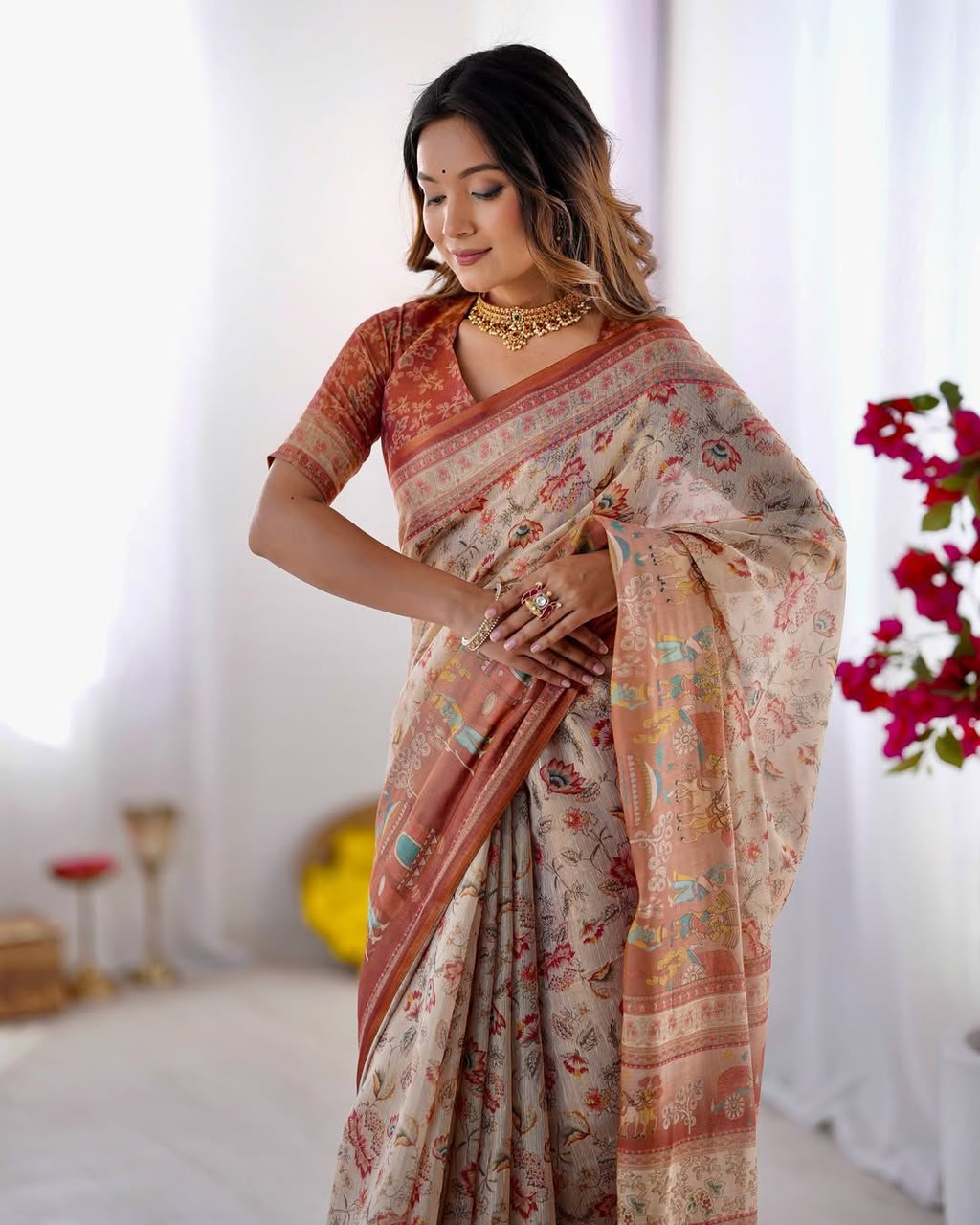 Women's Linen Cotton Saree in Beige with Floral and Village Digital Print