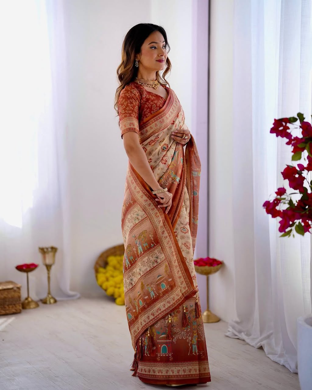 Women's Linen Cotton Saree in Beige with Floral and Village Digital Print