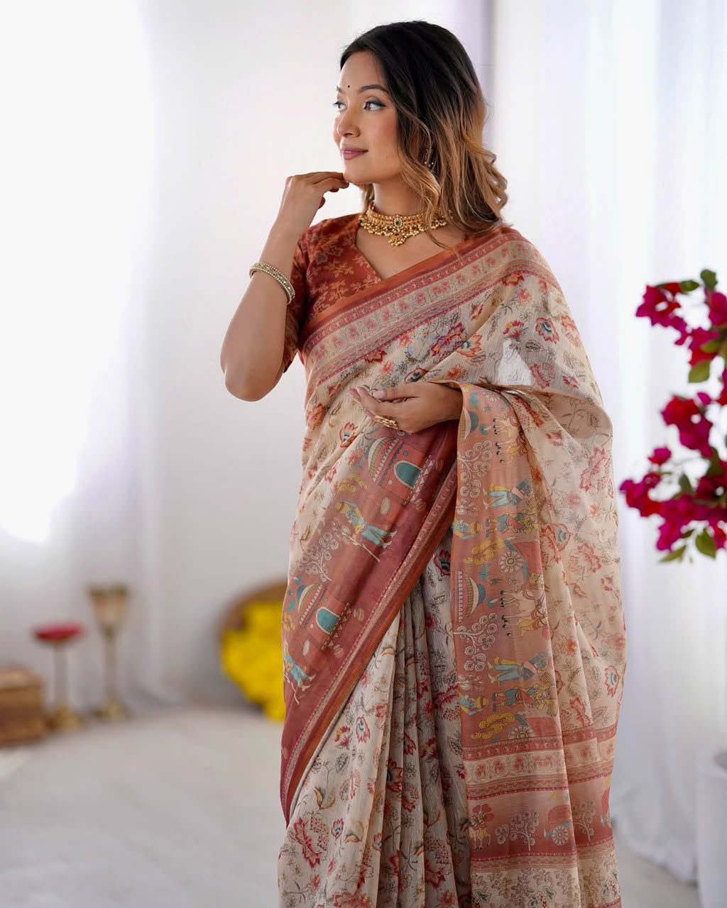 Women's Linen Cotton Saree in Beige with Floral and Village Digital Print