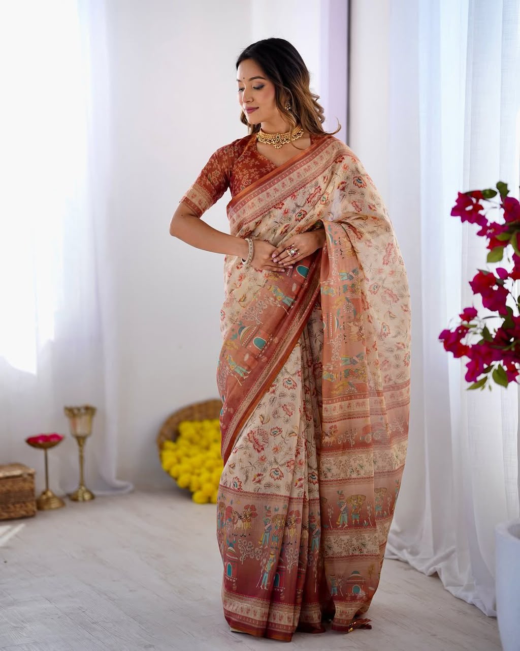 Women's Linen Cotton Saree in Beige with Floral and Village Digital Print
