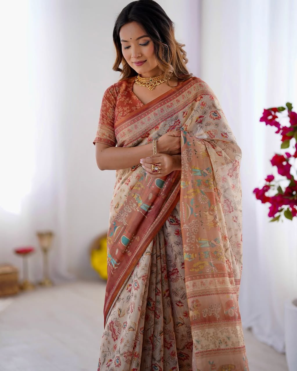 Women's Linen Cotton Saree in Beige with Floral and Village Digital Print
