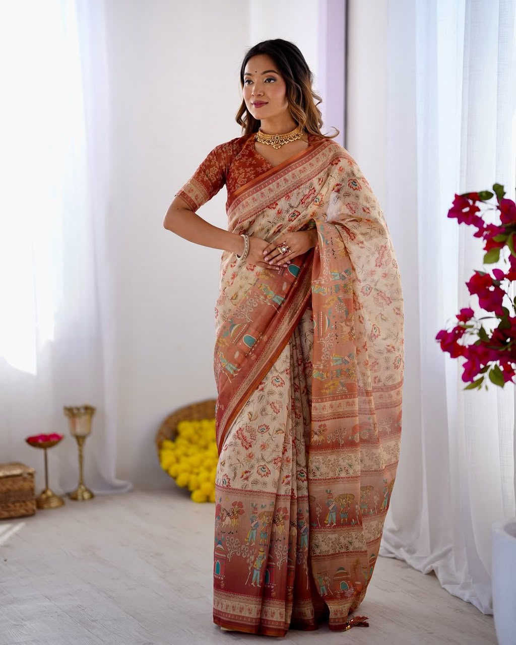 Women's Linen Cotton Saree in Beige with Floral and Village Digital Print
