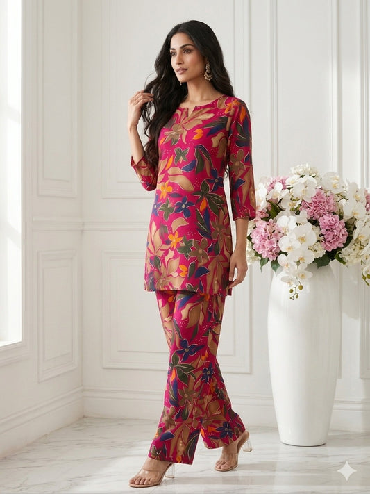Multi-Color Abstract Floral Coordinating Set Featuring V-Neck Mid-Length Kurti and Relaxed-Fit Palazzos