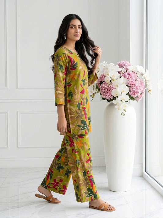 Multi-Color Abstract Floral Coordinating Set Featuring V-Neck Mid-Length Kurti and Relaxed-Fit Palazzos