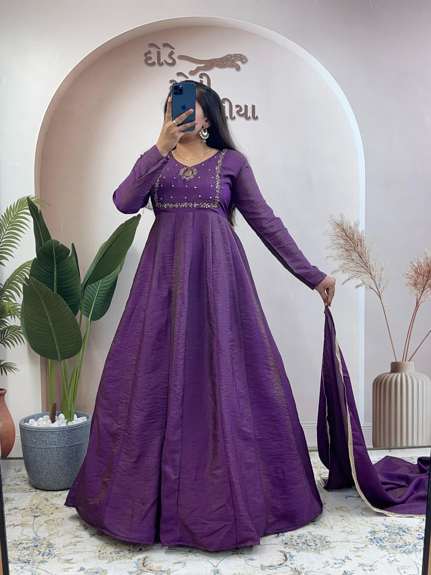 Elegant Silk Blend Embroidered Anarkali Gown Suit Set with Matching Dupatta