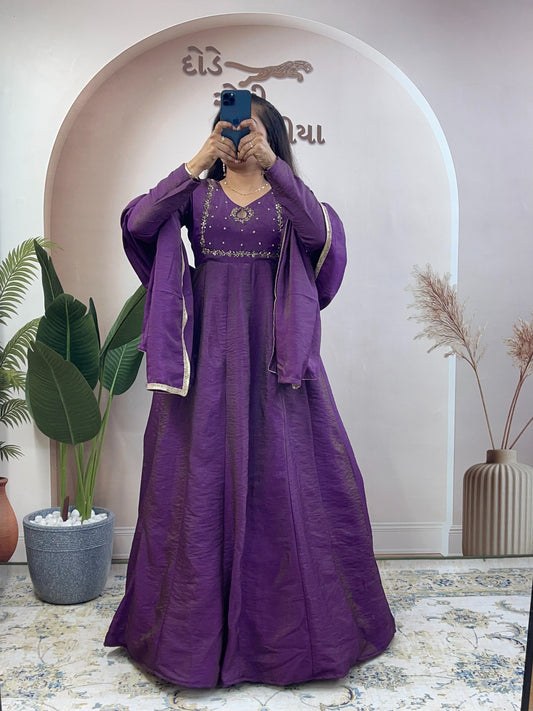 Elegant Silk Blend Embroidered Anarkali Gown Suit Set with Matching Dupatta