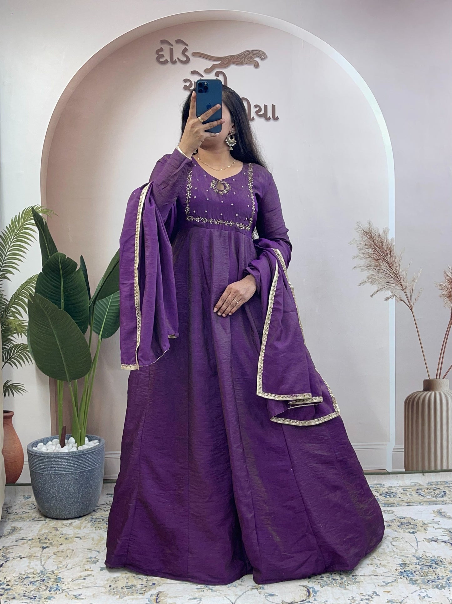 Elegant Silk Blend Embroidered Anarkali Gown Suit Set with Matching Dupatta
