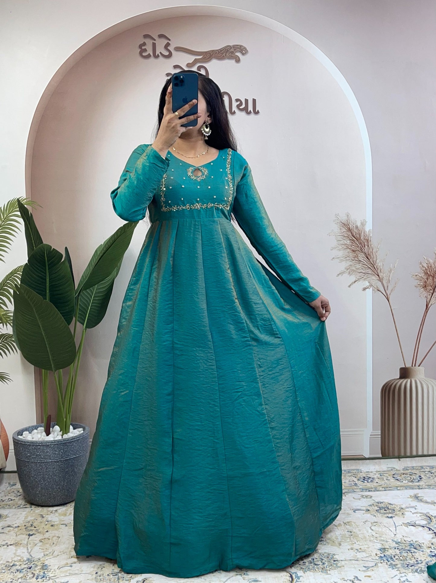 Elegant Silk Blend Embroidered Anarkali Gown Suit Set with Matching Dupatta