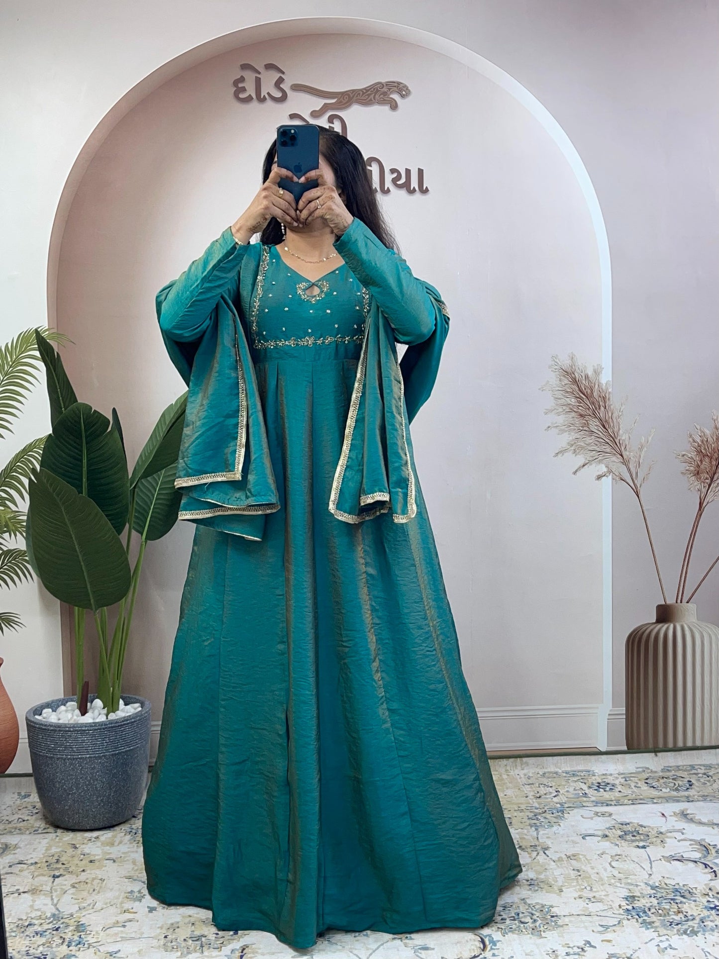 Elegant Silk Blend Embroidered Anarkali Gown Suit Set with Matching Dupatta