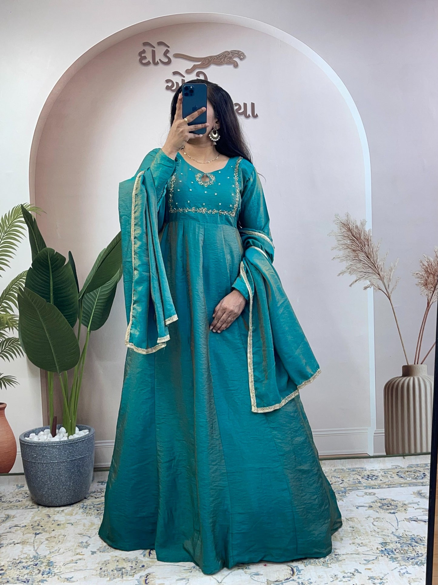 Elegant Silk Blend Embroidered Anarkali Gown Suit Set with Matching Dupatta