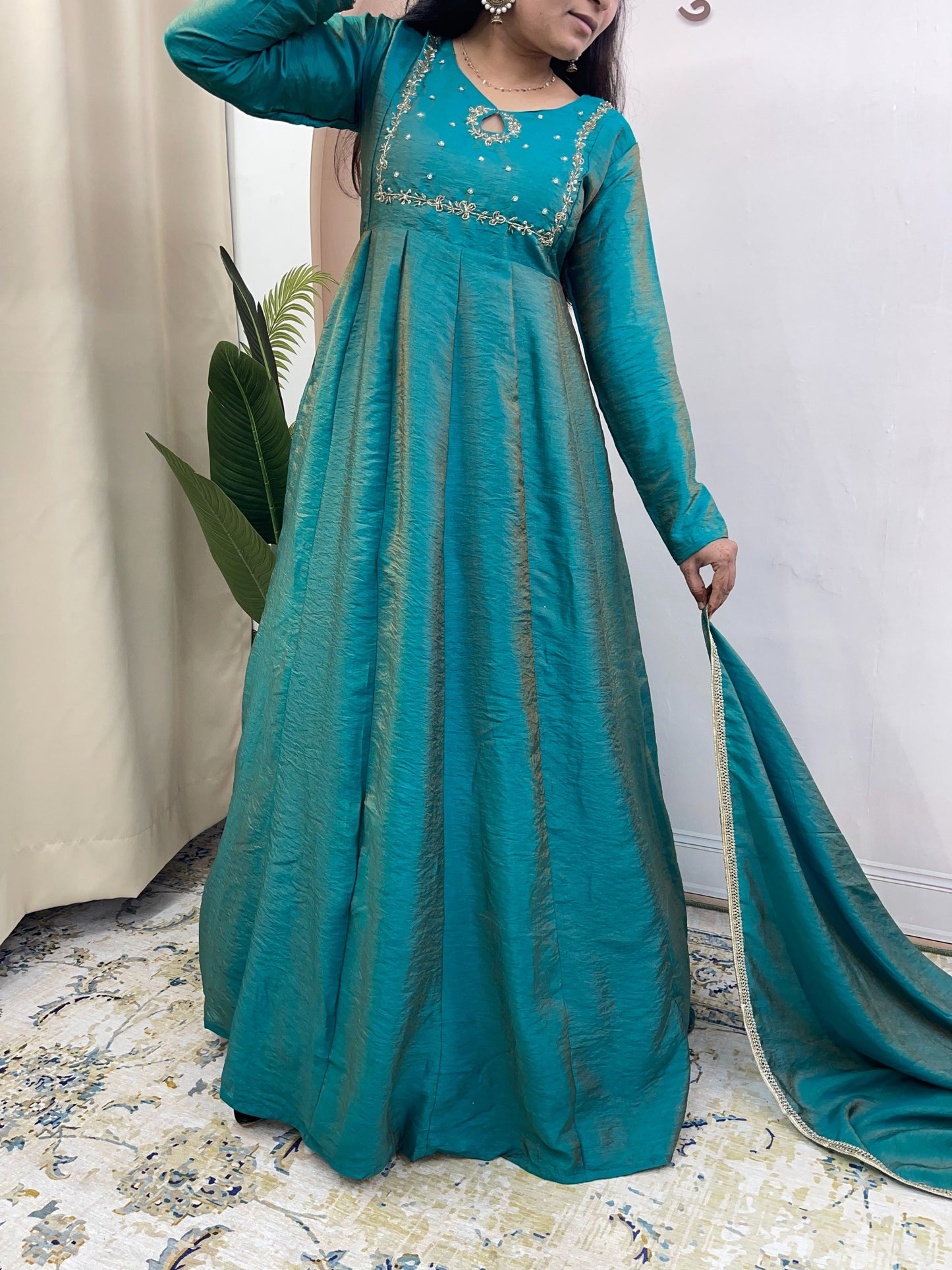 Elegant Silk Blend Embroidered Anarkali Gown Suit Set with Matching Dupatta